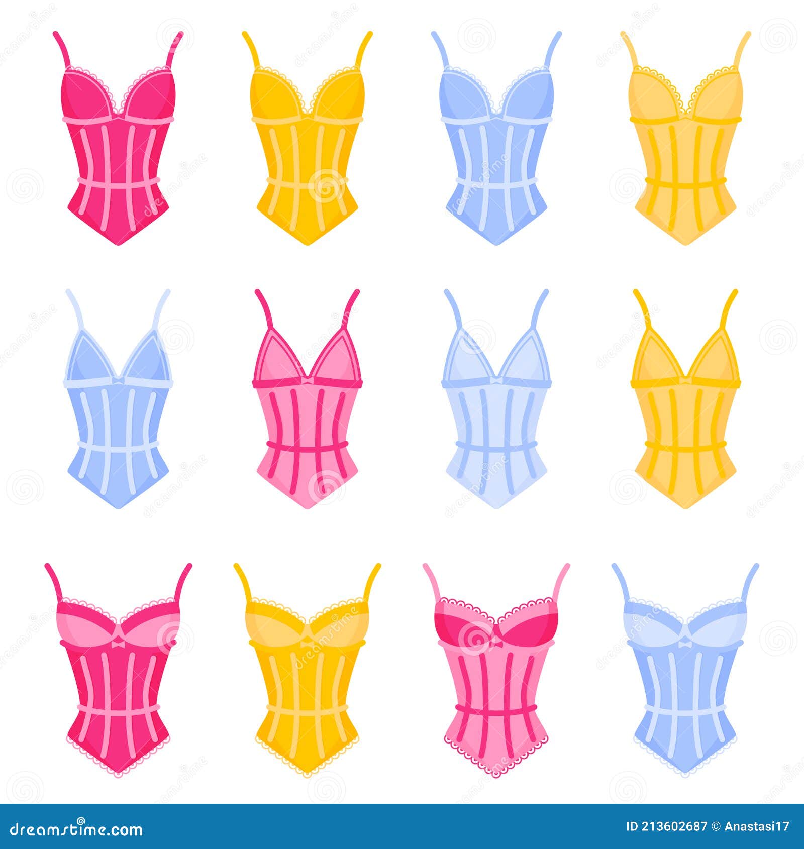 Color illustration of different kinds woman panty and bras in flat