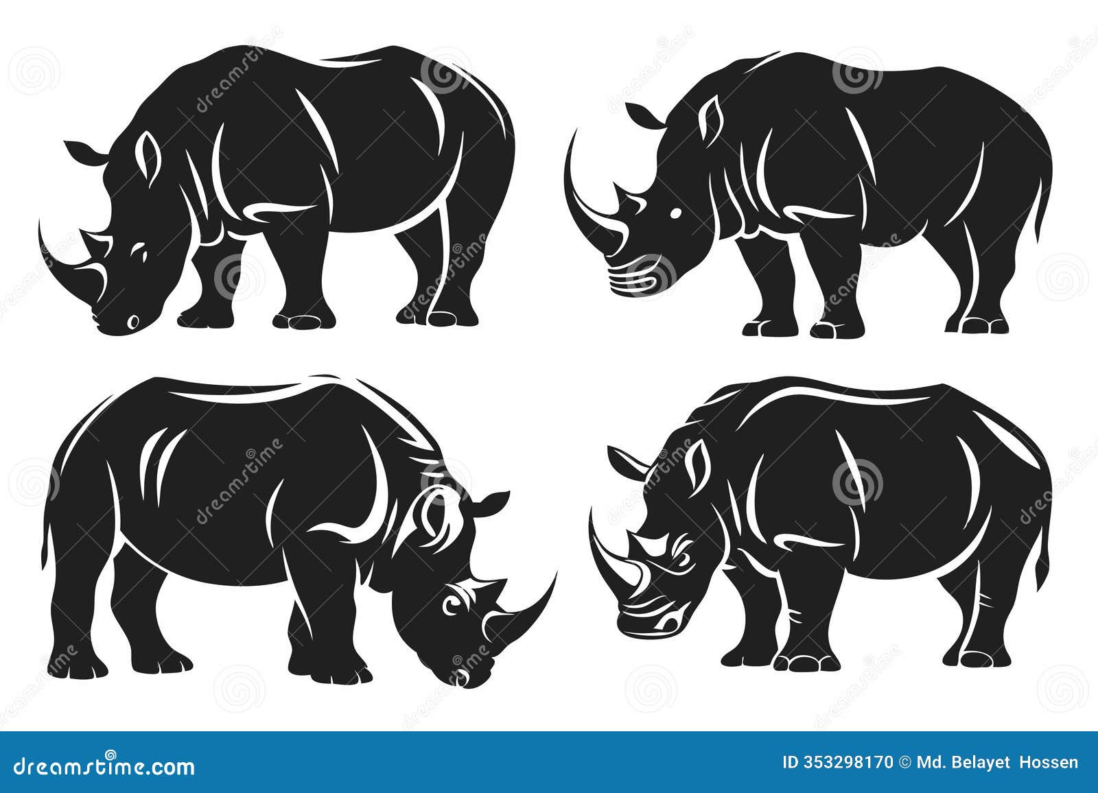 set of different type rhino silhouette    on white background