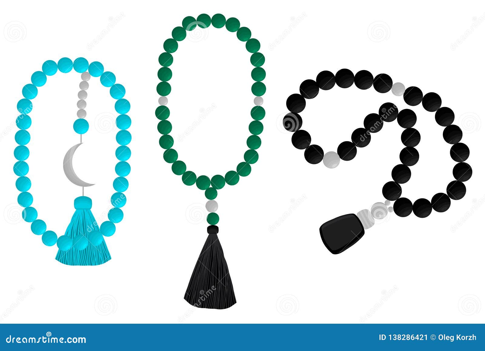 Set Different Types of Beads for Rosary with Tassel Stock Vector