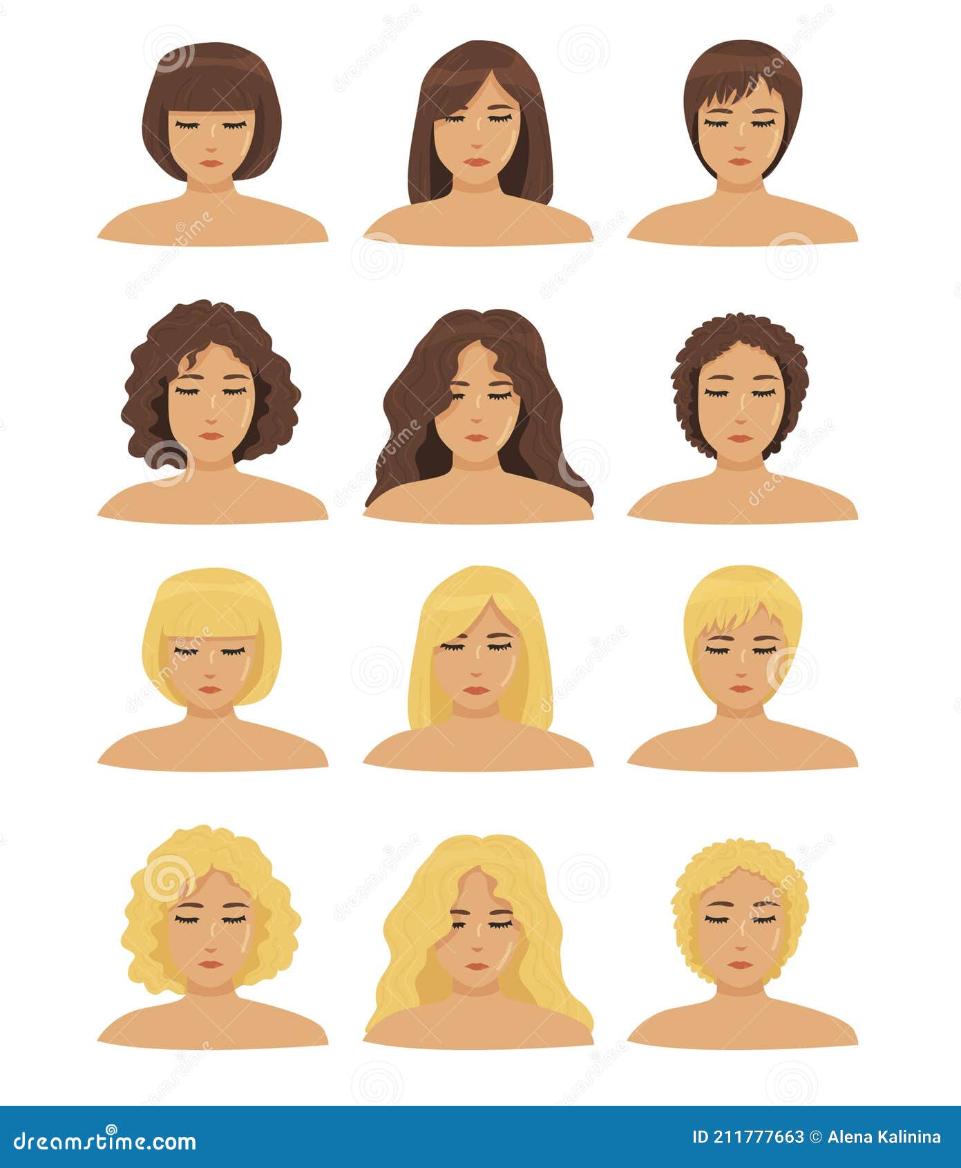 A Set of Different Types of Hair Curly, Straight, Different Hair Lengths  and Different Hair Colors for Girls. Stock Illustration - Illustration of  fashion, anonymous: 211777663