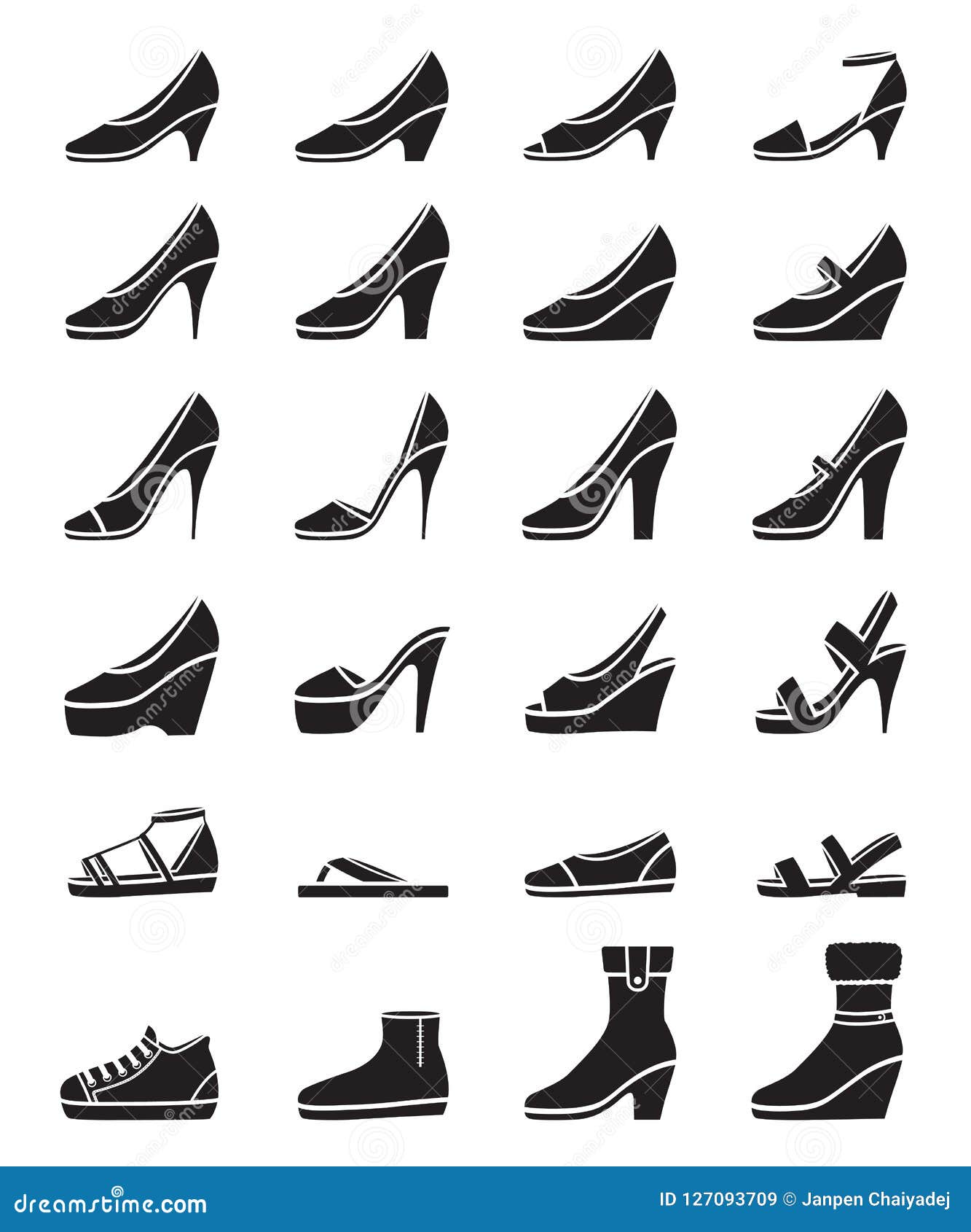 Set of Different Types of Women`s Shoes, Monochrome, Side View Stock Vector  - Illustration of person, flat: 127093709