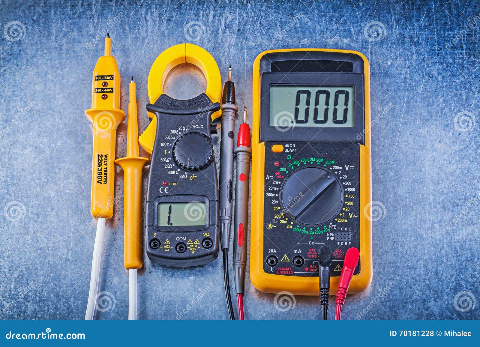 Set of Digital Ammeter Electrical Tester Multimeter on Metallic Stock