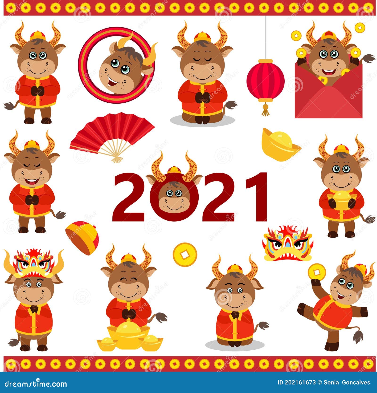 Set Digital Elements of Good Luck in the Year 2021 of the Ox Stock