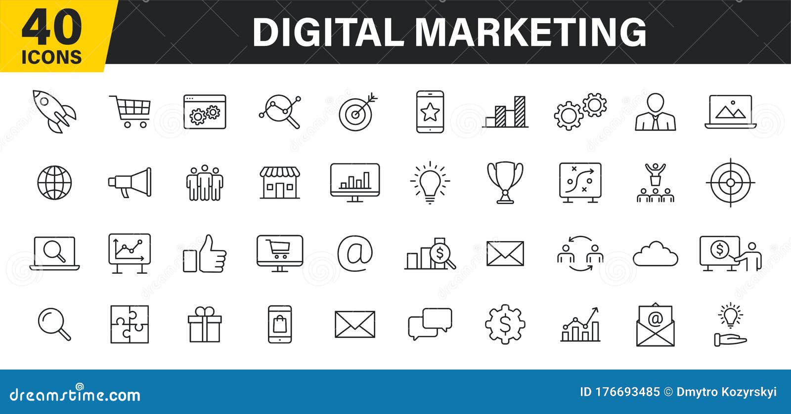 set of 40 digital marketing web icons in line style. social, networks, feedback, communication, marketing, ecommerce. 