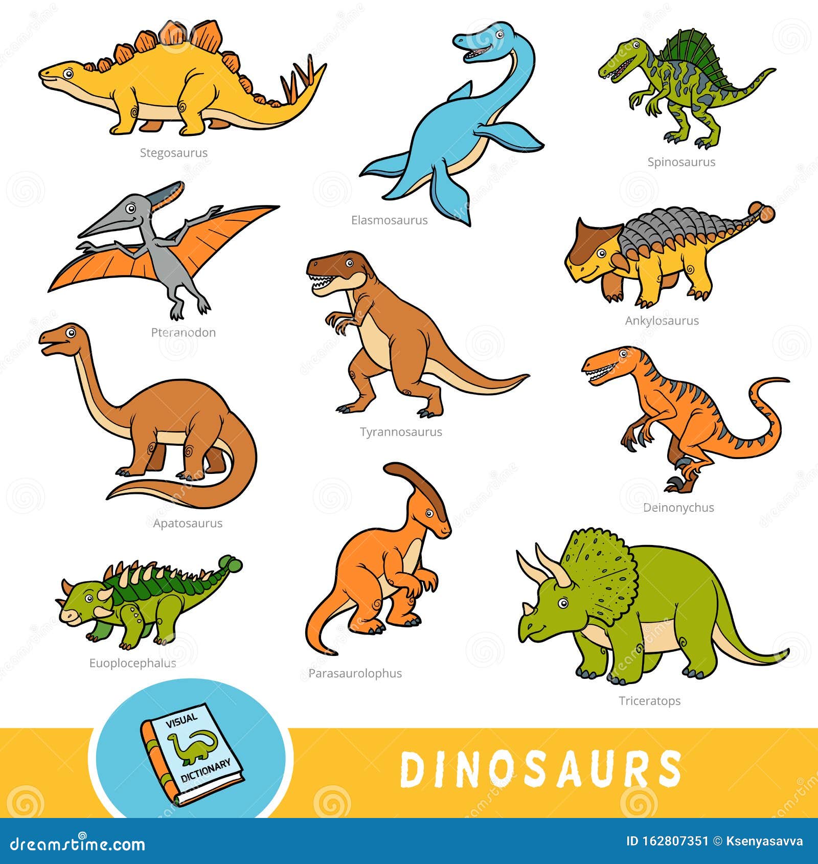 Set of Dinosaurs, Collection of Vector Animals with Names in English.  Cartoon Visual Dictionary for Children Stock Vector - Illustration of book,  ancient: 162807351