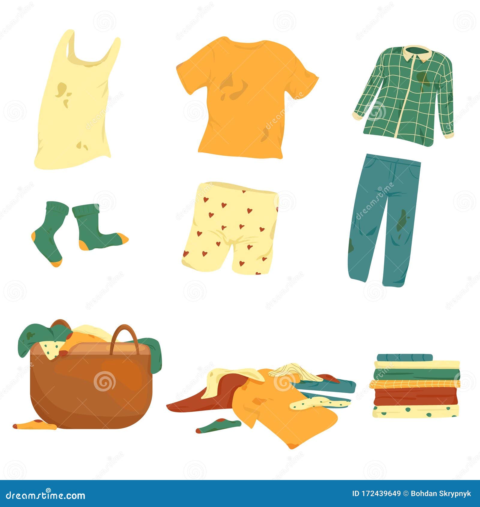 Set of Dirty Clothes and a Laundry Basket. Stock Vector - Illustration ...
