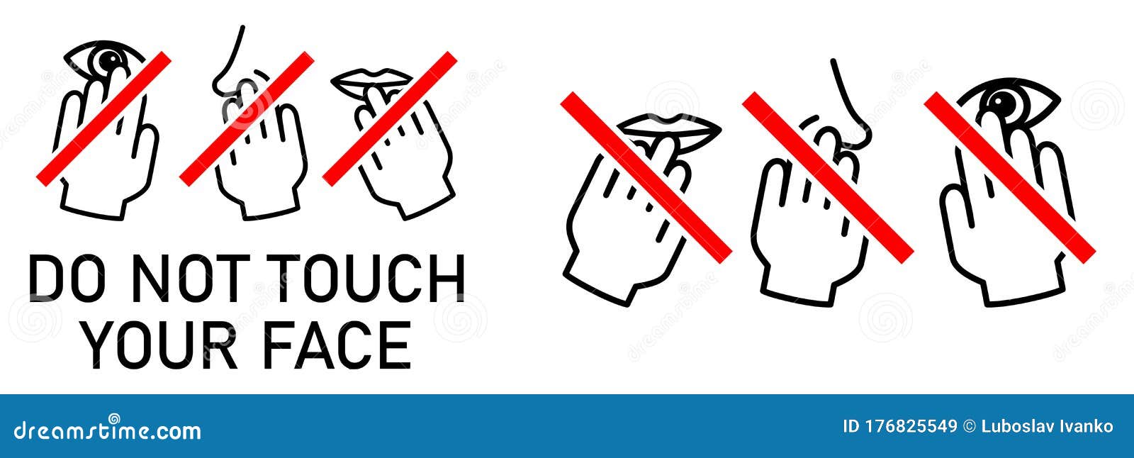 set of do not touch your face icon. simple black white drawing with hand touching mouth, nose, eye crossed by red line. can be