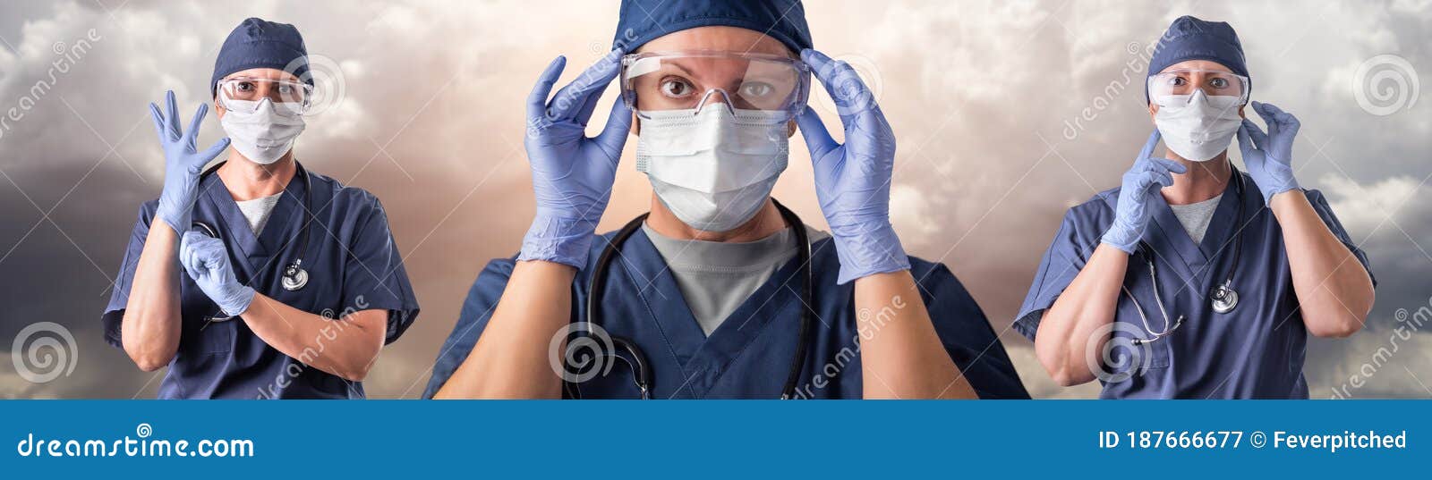 Set Of Doctors Or Nurses Wearing Personal Protective Equipment Over
