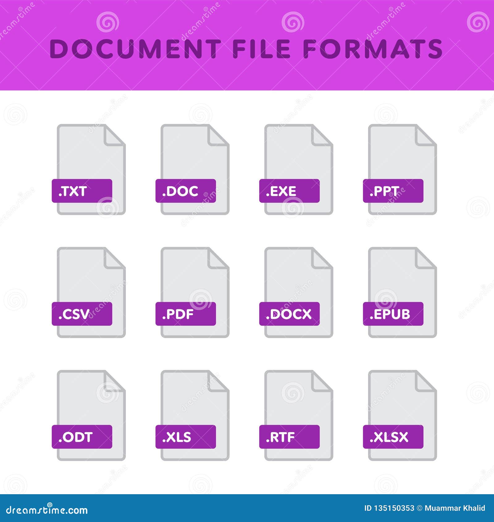 set of document file formats and labels in flat icons style.  