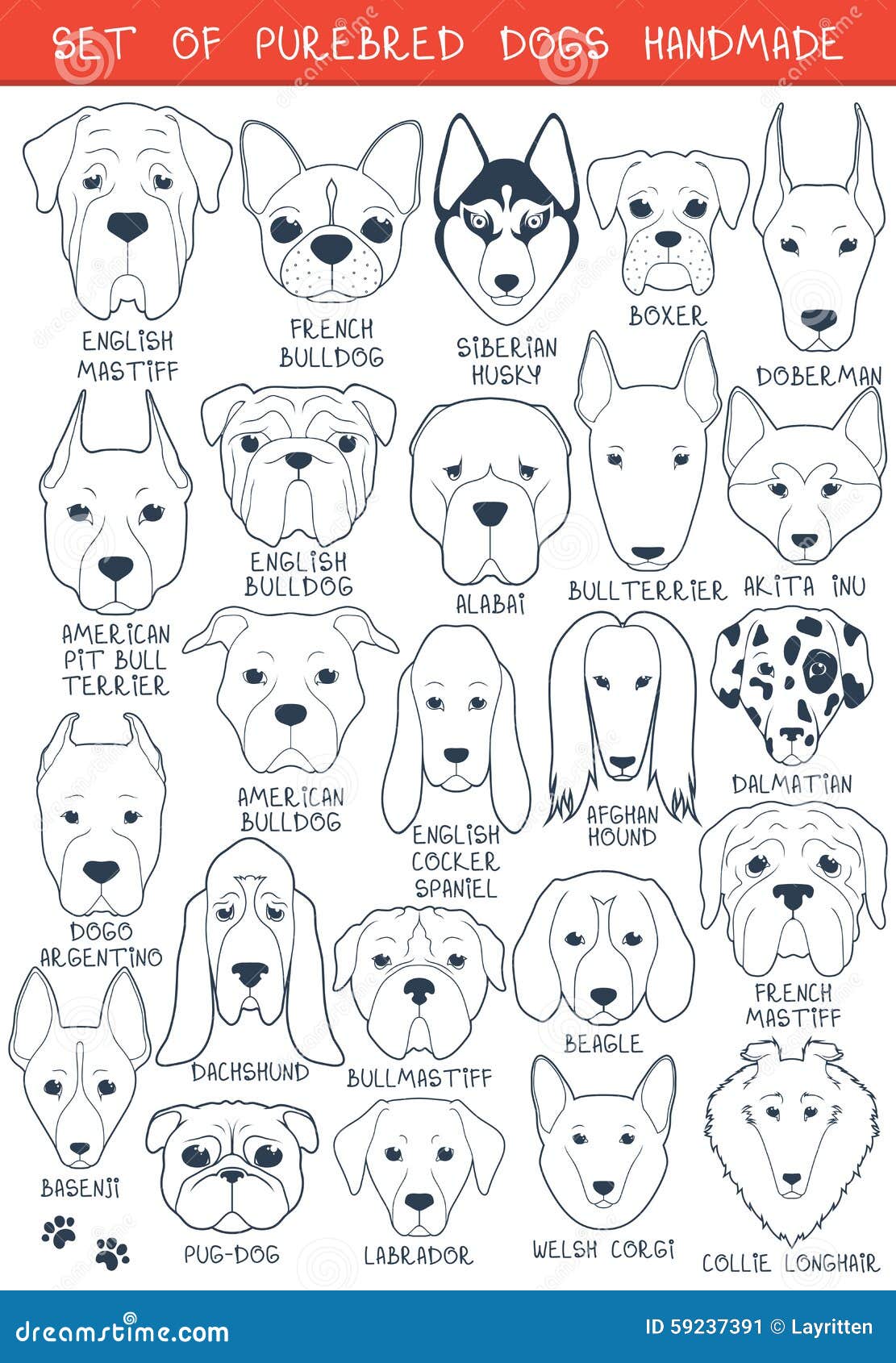 Set of 24 Dogs Different Breeds Handmade. Head Dog Stock Vector ...