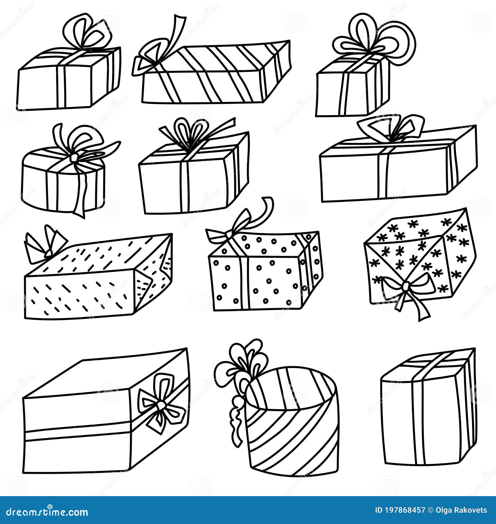 Set of Doodle Gift Boxes with Bows of Various Shapes and Sizes