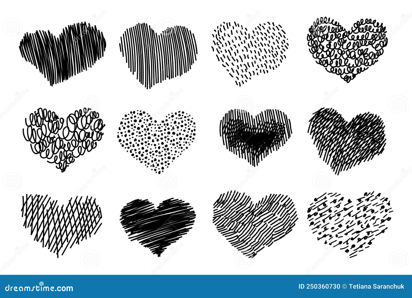 Set of Unique Doodle Heart Icons. Freehand Sketched Shapes Drawings ...