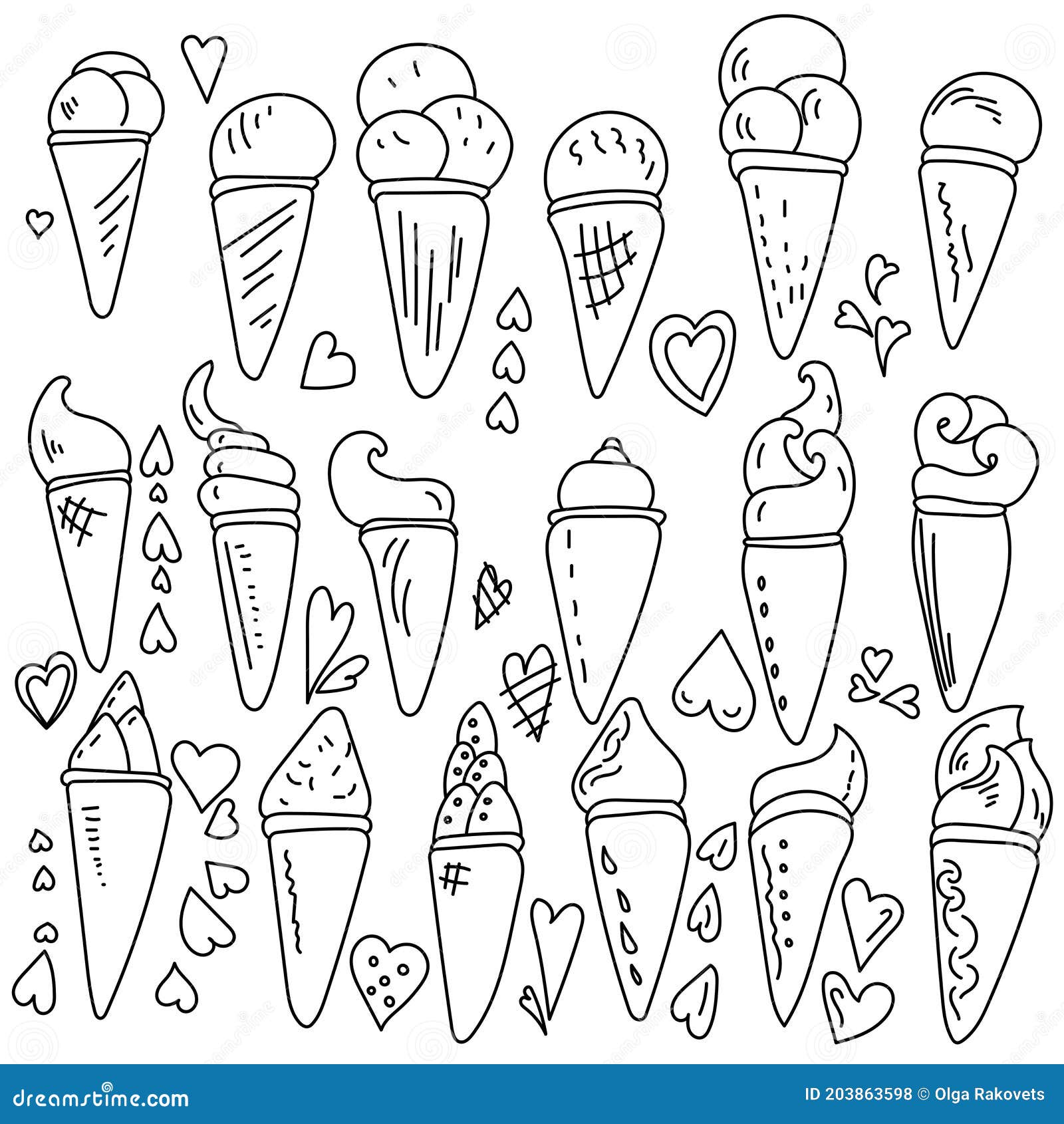 Set of Doodle Ice Cream Cones with Curled Tops, Coloring Page with Cold ...