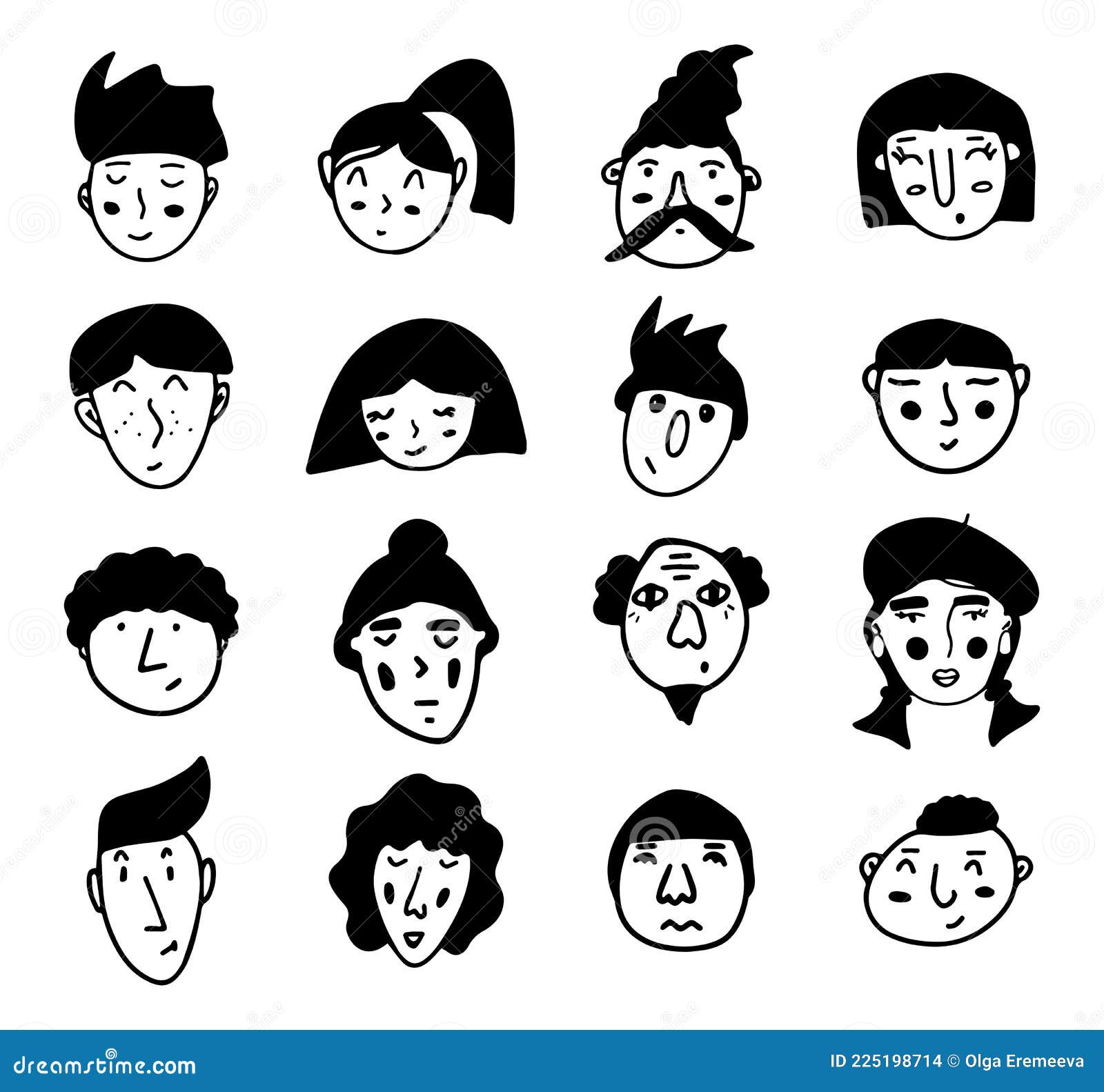 Set Of Doodle People Faces Black And White Vector Stock Vector