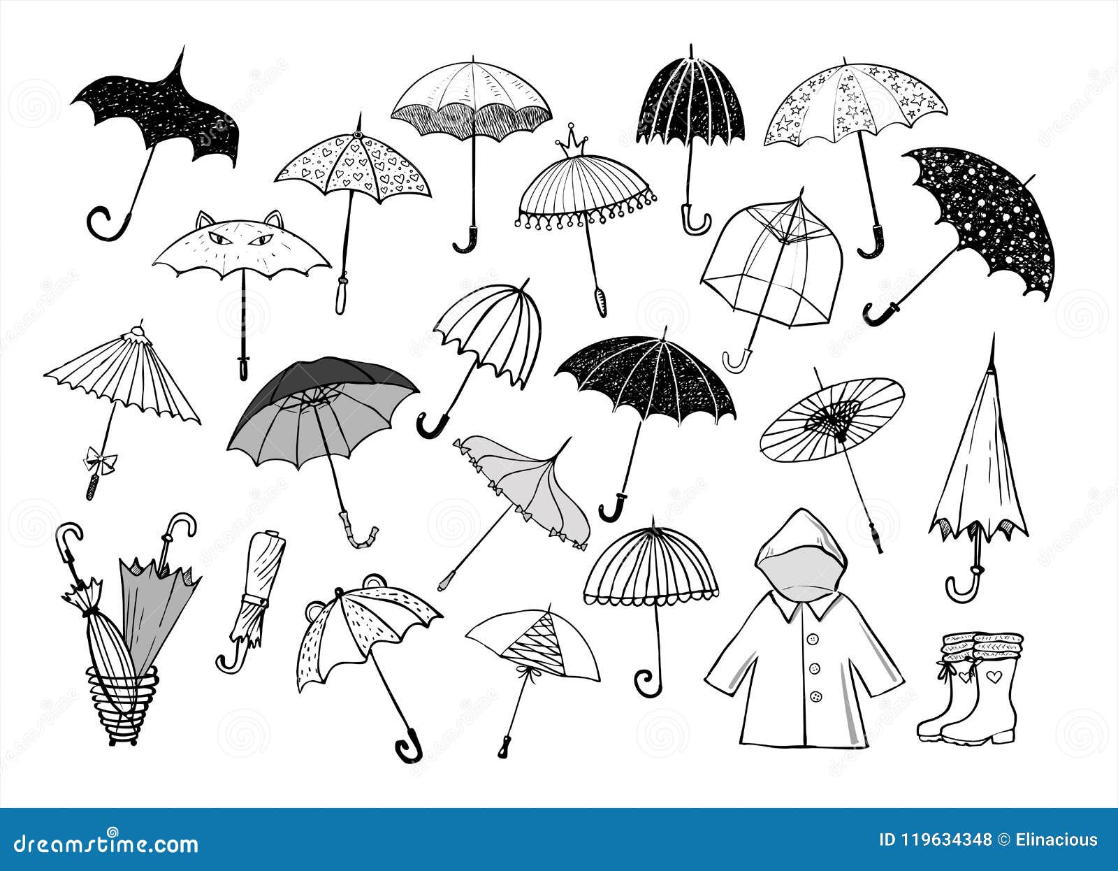 Set of Doodle Sketch Umbrellas on White Background Stock Vector