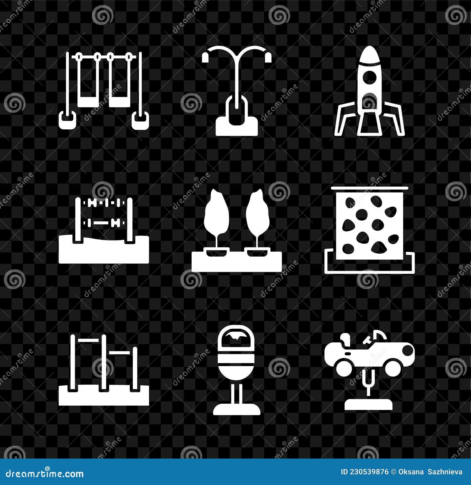 Set Doppelschwingende Straße Leichtrakete Schiff Horizontale Bar Müll Kann  Auto Abacke Und Wald Ikone. Vektor Vektor Abbildung - Illustration von  gymnastisch, unterhaltung: 230539876