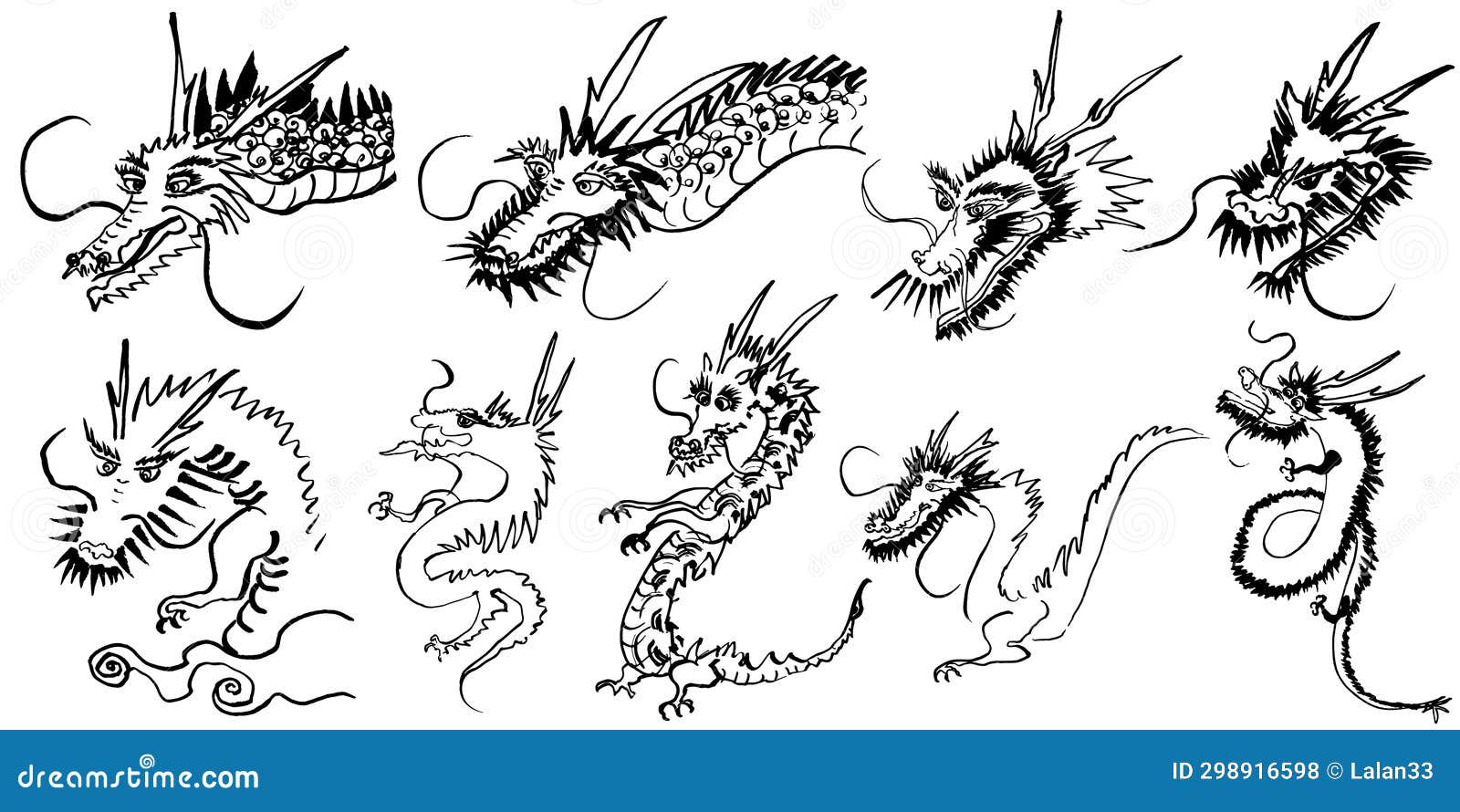 Set of Dragons. Brush Stroke Illustration Stock Illustration