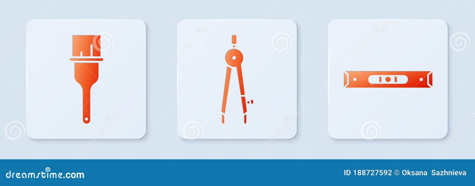 Set Drawing Compass, Paint Brush and Construction Bubble Level. White