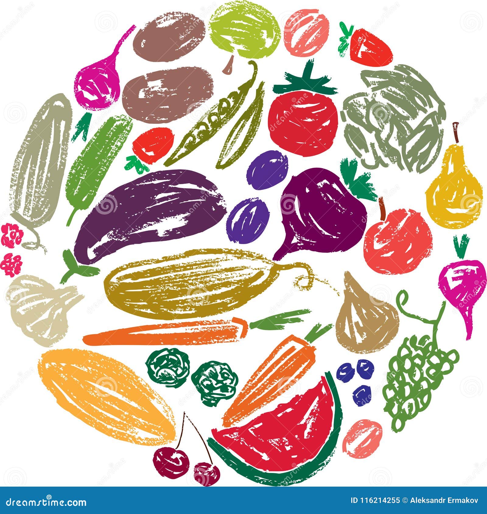 Set of the Drawn Fruit and Vegetables Stock Vector Illustration of