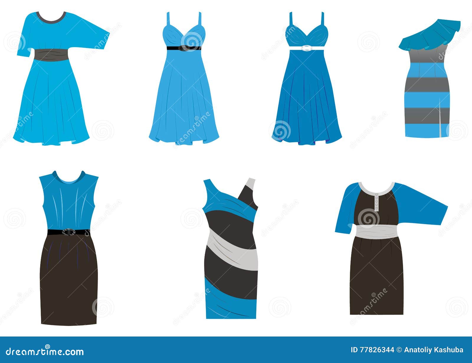 Set of Dresses in Different Styles in Four Colors: Black, Blue, Stock ...