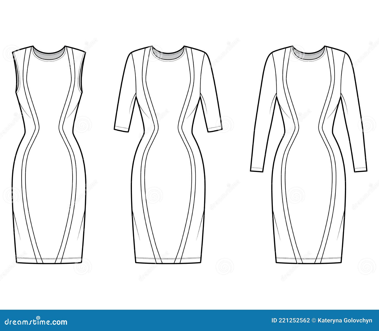 Set of Dresses Panel Technical Fashion Illustration with Hourglass ...