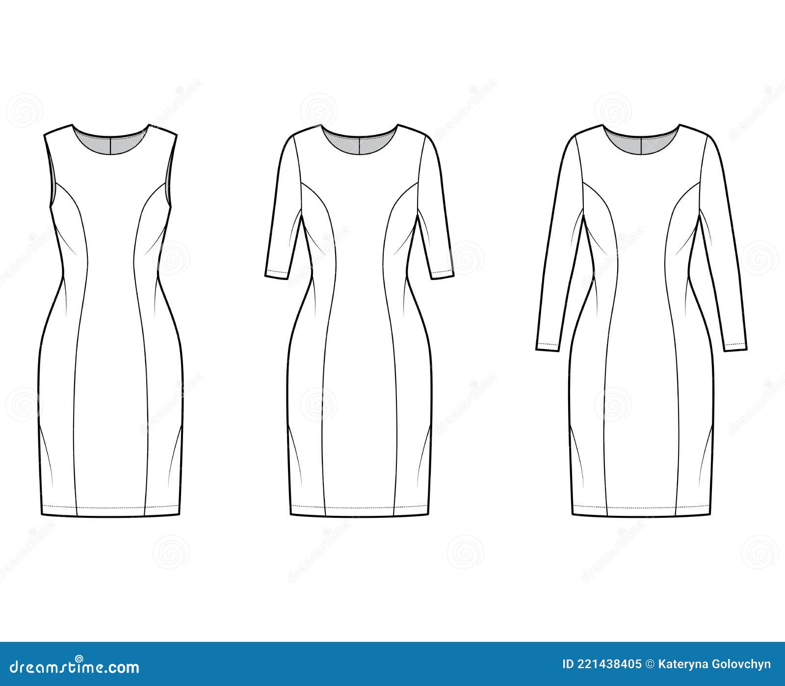 Set of Dresses Princess Line Technical Fashion Illustration with Long ...