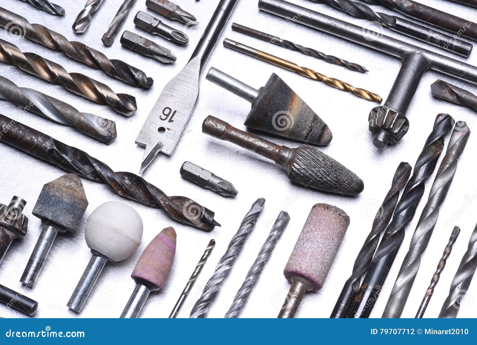 Set of Drills Milling Cutters on Grey Metal Surface Stock Photo Image