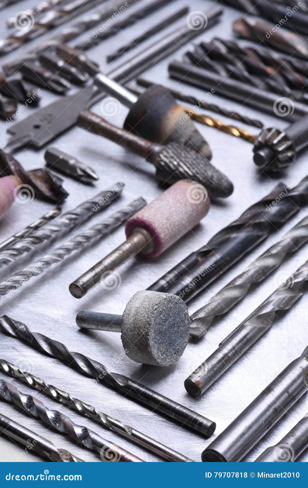 Set of Drills Milling Cutters on Grey Metal Surface Stock Photo Image