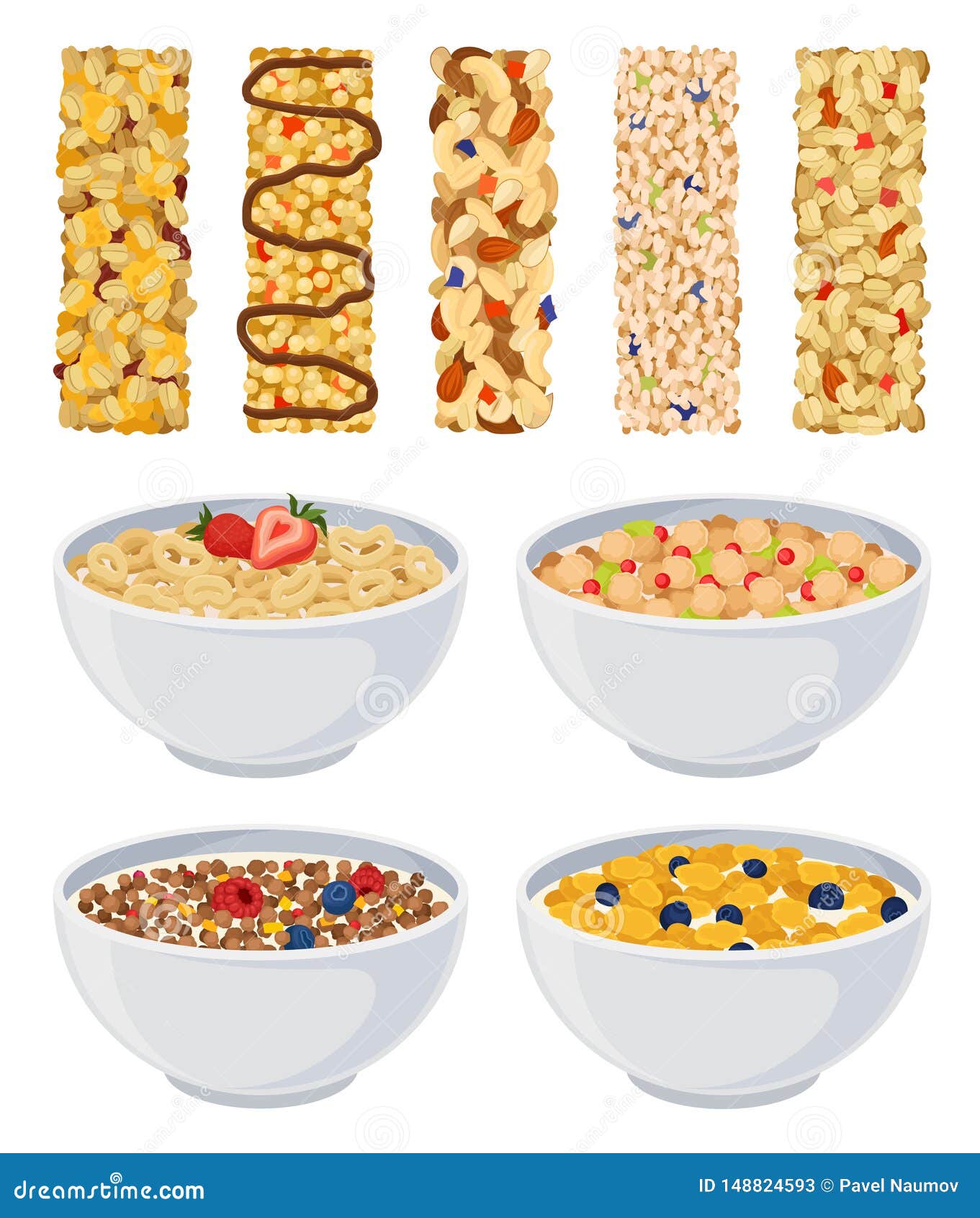 Set of Dry Muesli and Cereal. Vector Illustration on White Background