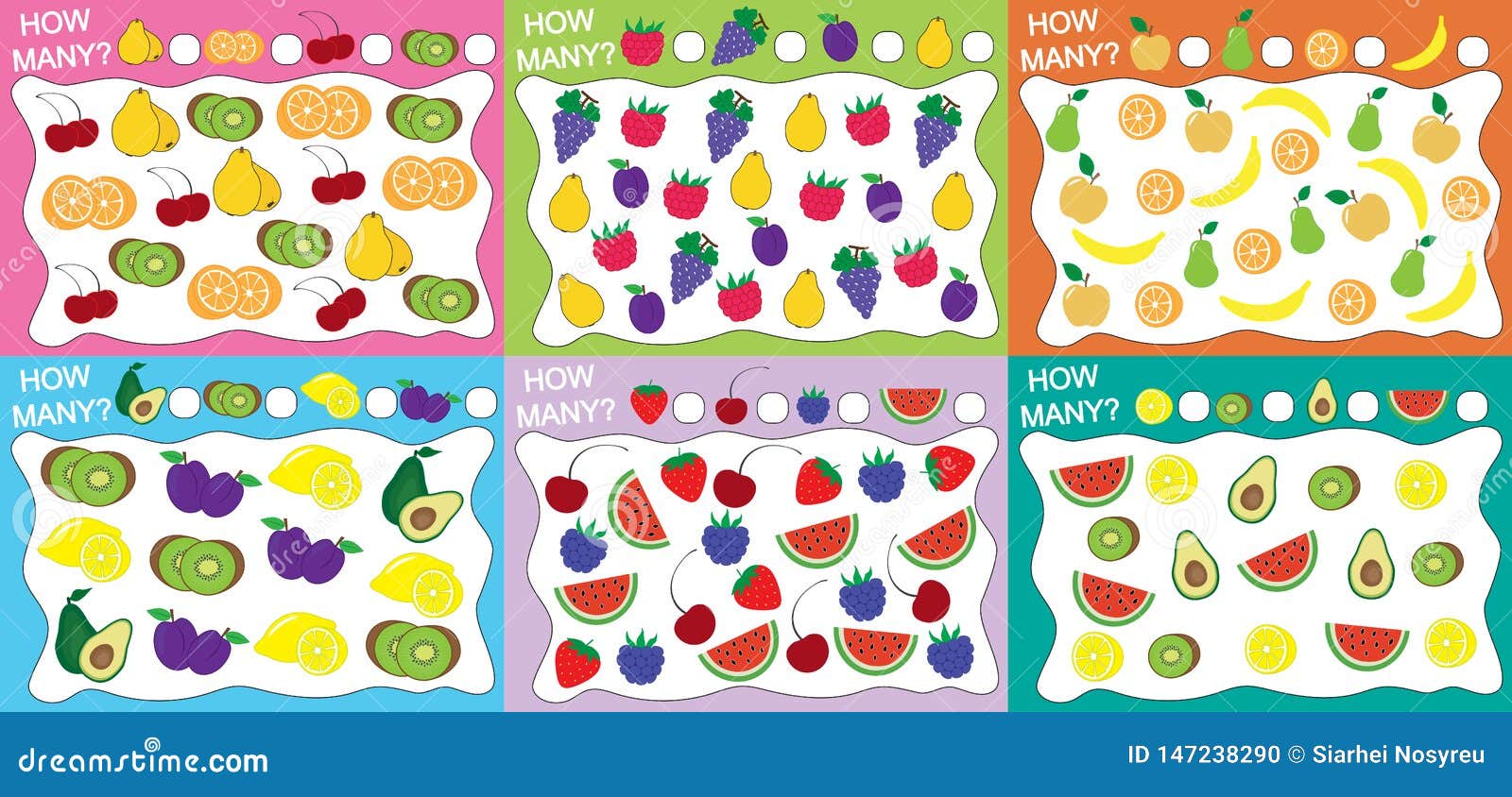 set of educational games for kids 6 in 1. how many objects fruits counted?  