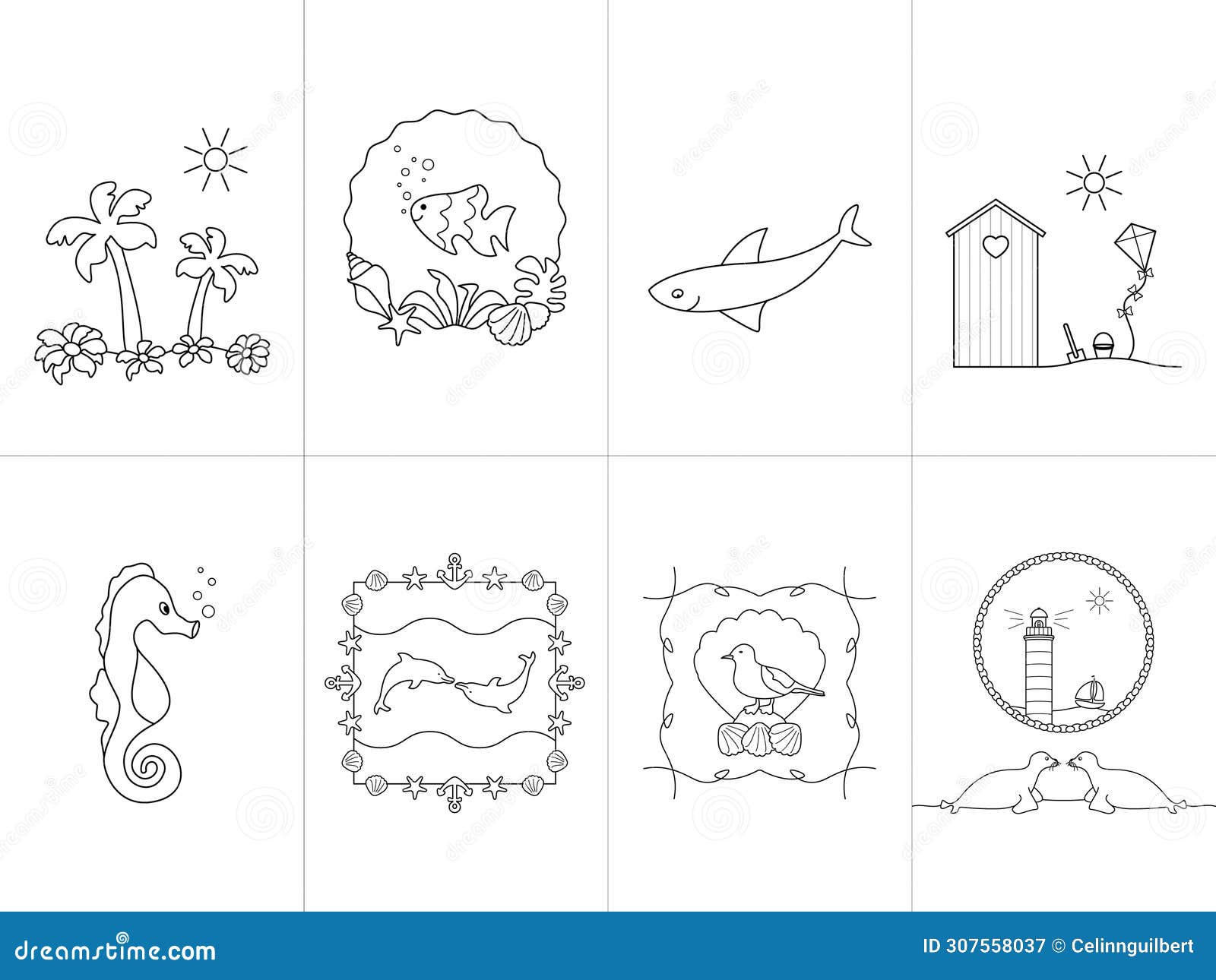 set of eight coloring pages. sea theme. set no. 3.