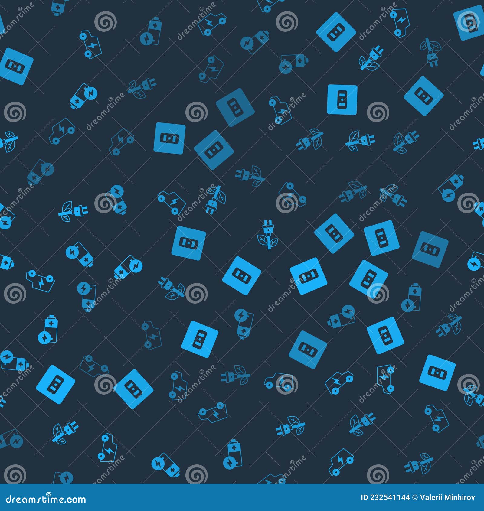 Set Electric Car, Electrical Outlet, Saving Plug in Leaf and Battery on Seamless Pattern. Vector