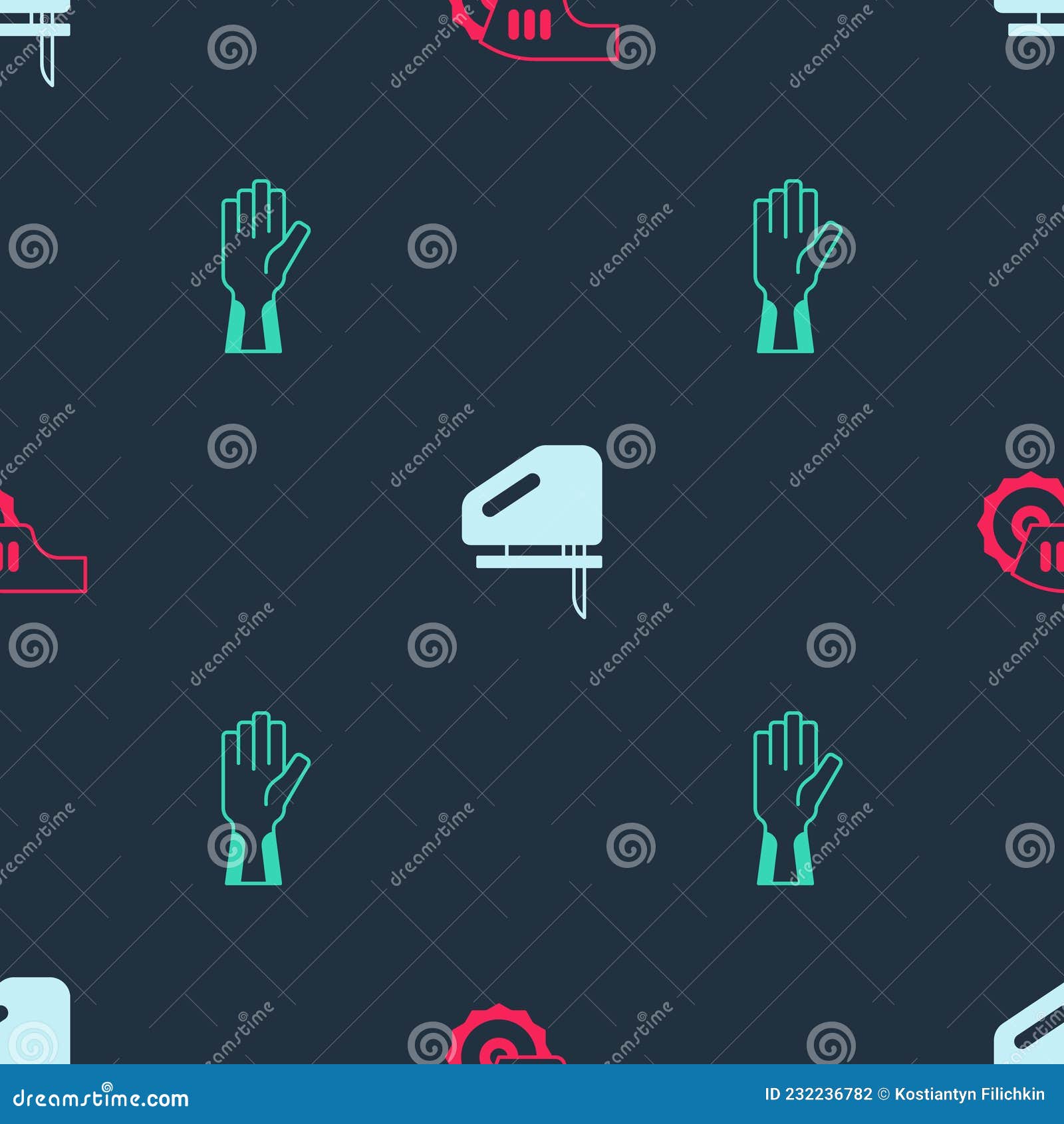 Set Electric Circular Saw, Jigsaw and Protective Gloves on Seamless