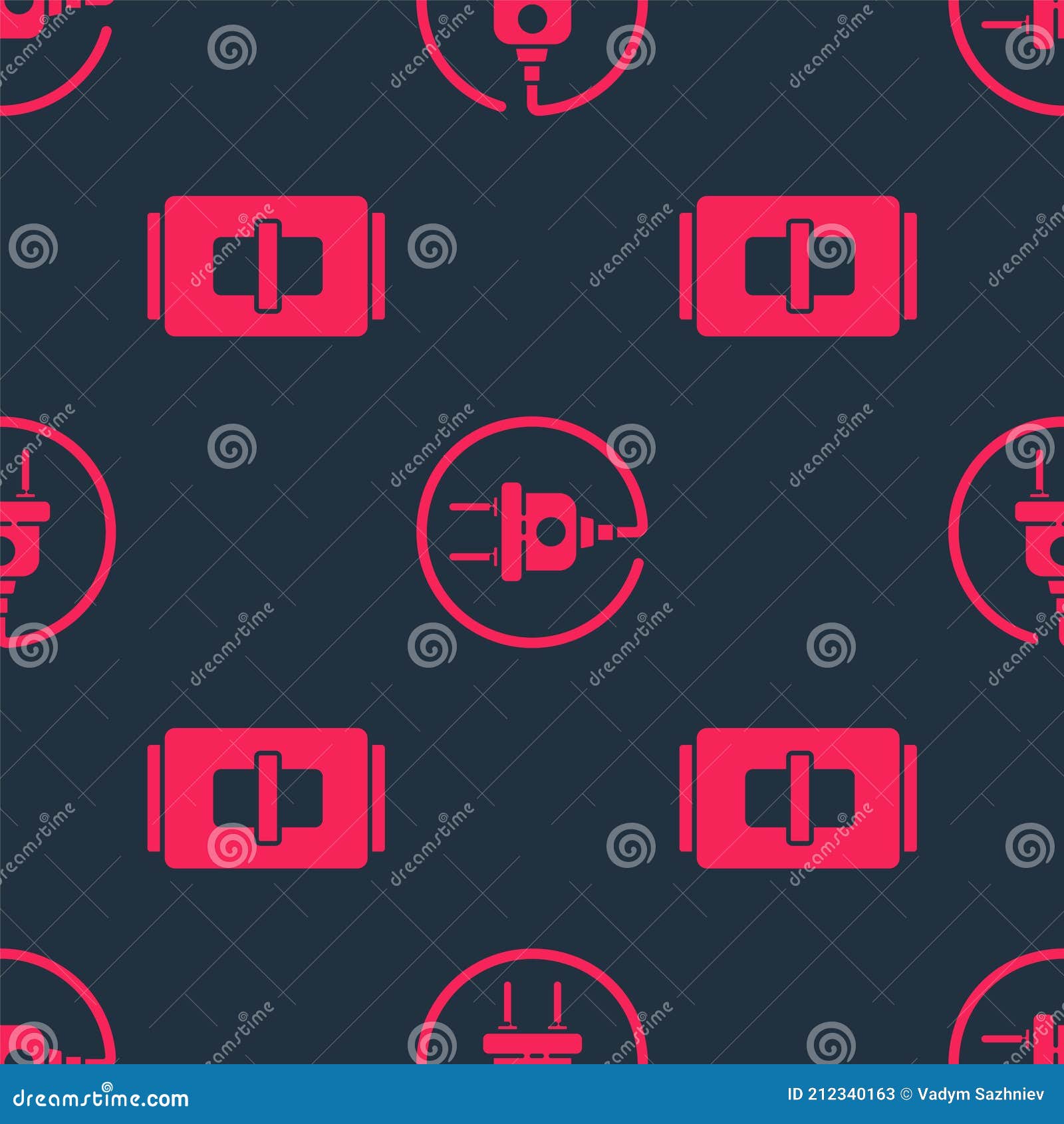Set Electric Light Switch and Electric Plug on Seamless Pattern. Vector