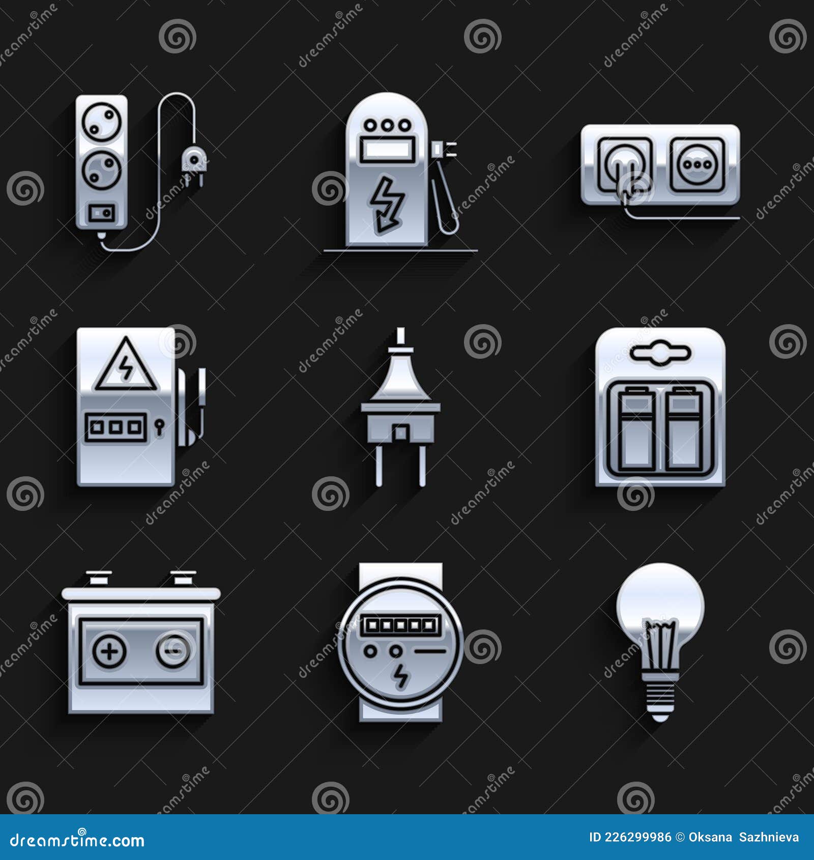 Set Electric Plug, Meter, Light Bulb with Concept of Idea, Battery in