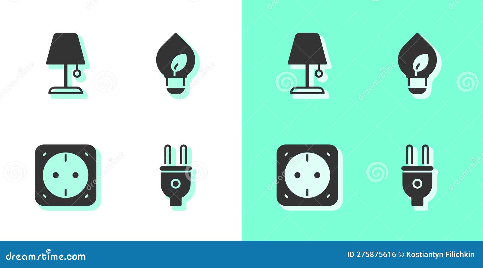 Set Electric Plug, Table Lamp, Electrical Outlet and Light Bulb with