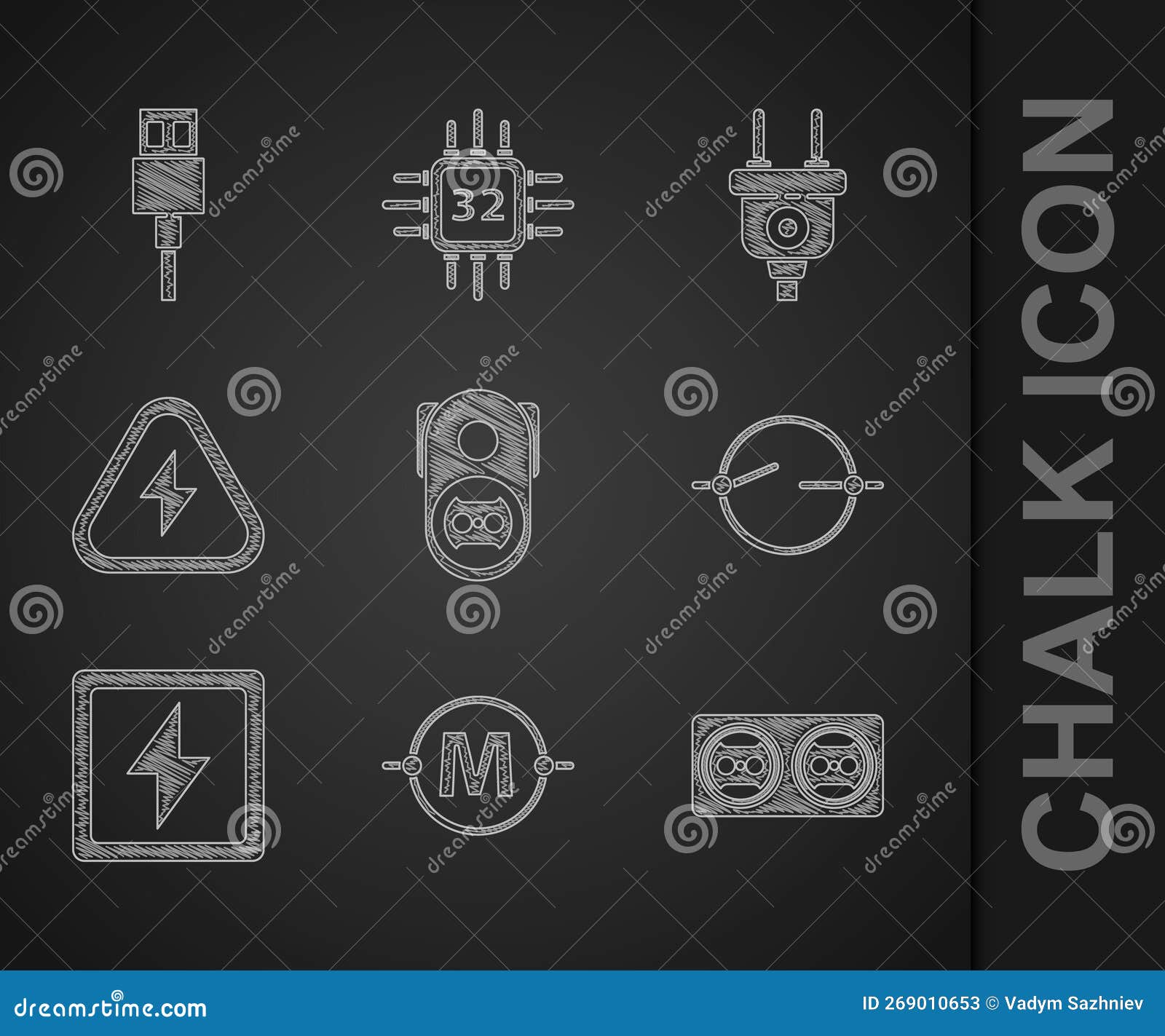 Set Electrical Outlet, Circuit Scheme, Lightning Bolt, High Voltage