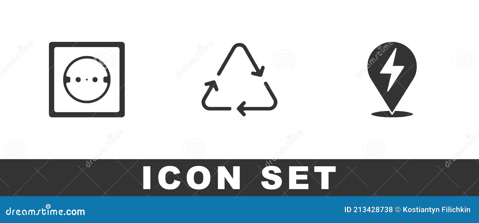 Set Electrical Outlet, Recycle Symbol and Lightning Bolt Icon. Vector