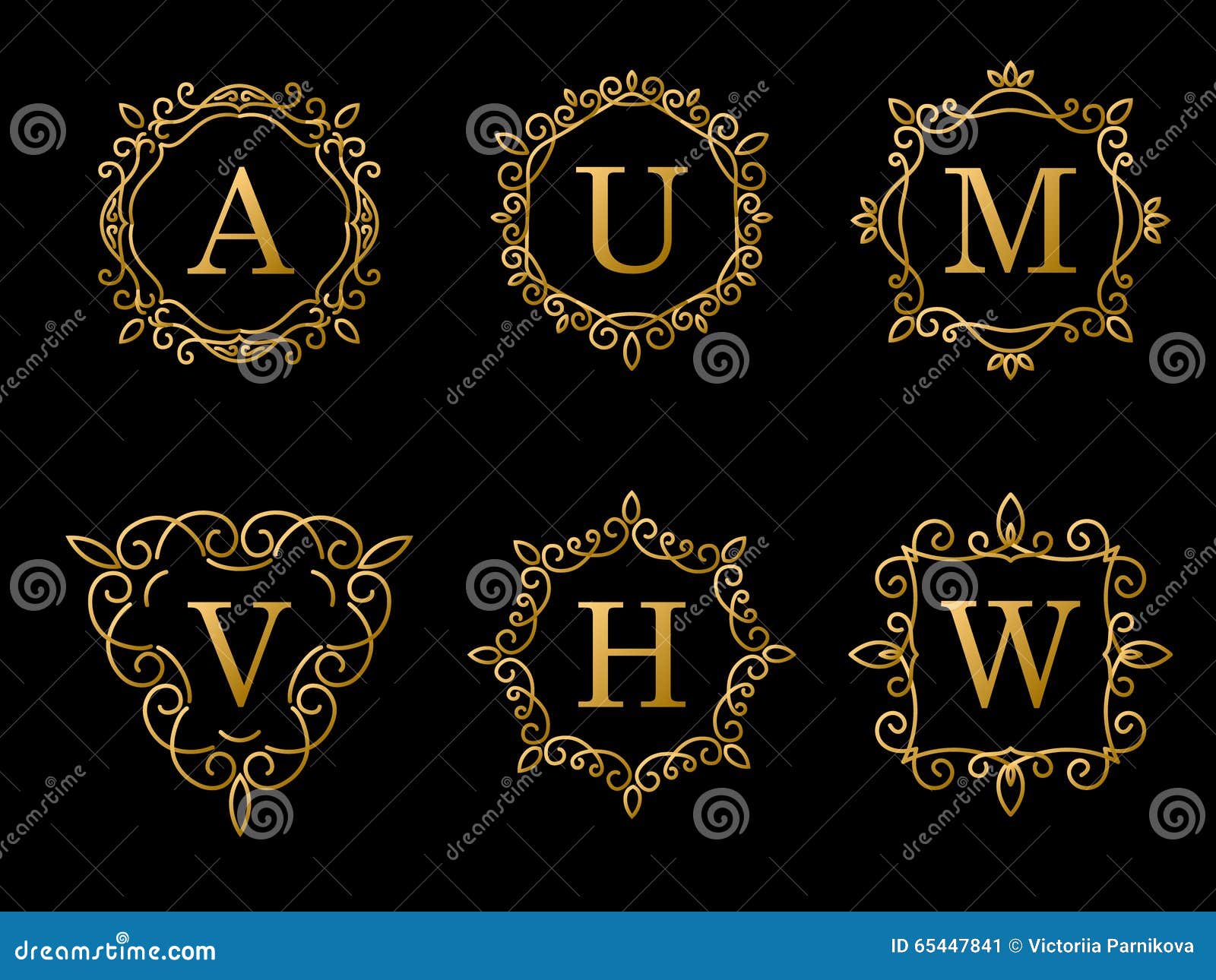 Set of Elegant Gold Monogram Design on Black Background. Vector Stock