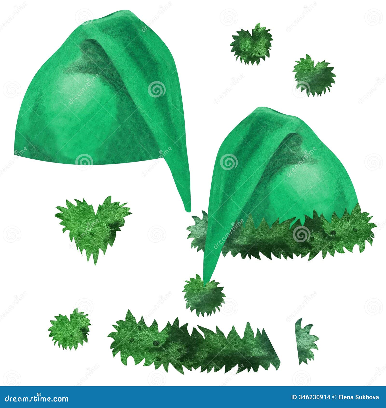 set of s: green caps, gnome caps with fur and pompom  on a white background for st. patrick's day