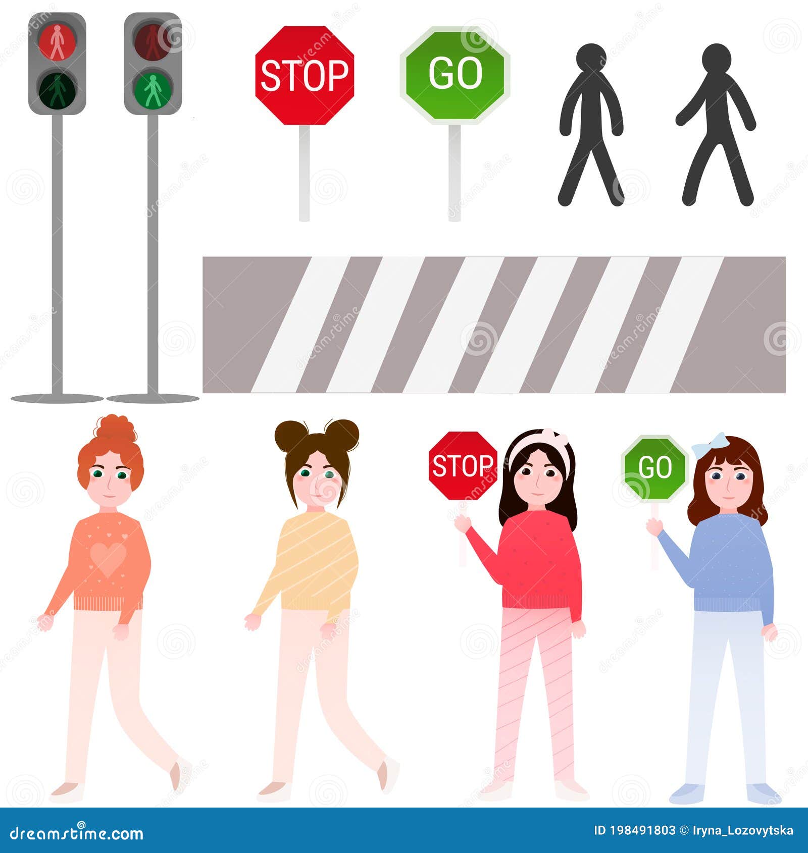 Set of Elements for Pedestrian Rules for Kids, Little Girls