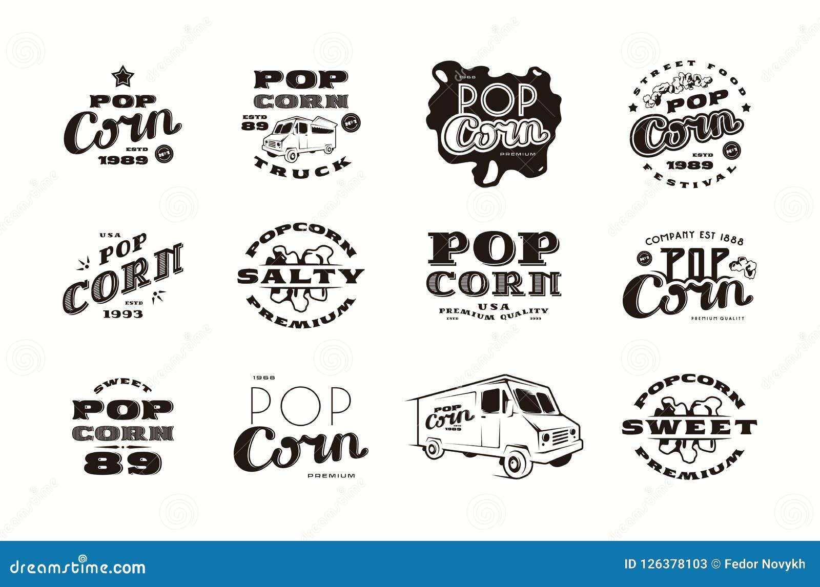 Set of Emblems and Logo for Popcorn Packaging Stock Vector