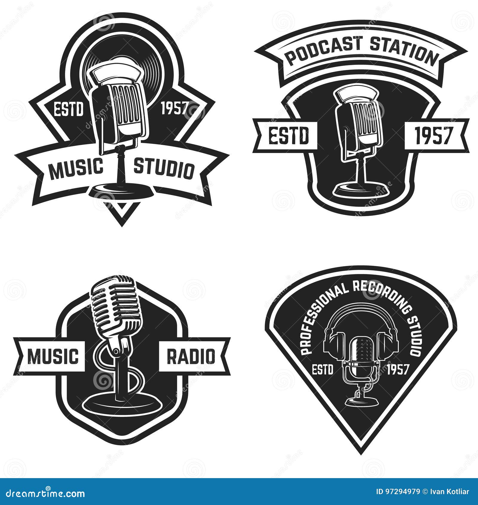 Set of Emblems with Old Style Microphone Isolated on White Back Stock ...