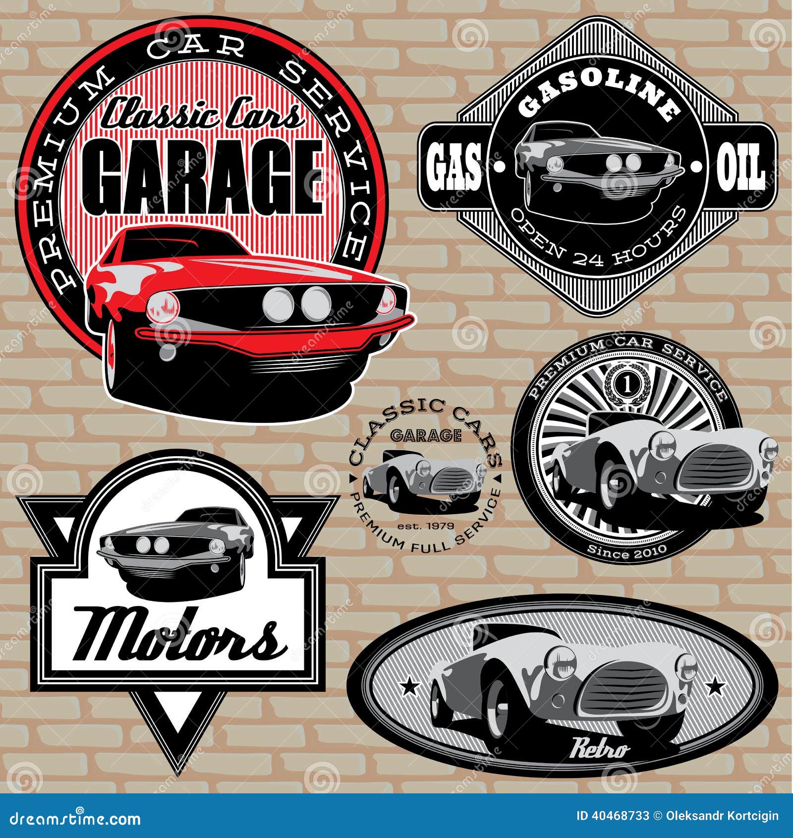 Set Of Emblems With Retro Car On Wall Stock Vector Illustration of