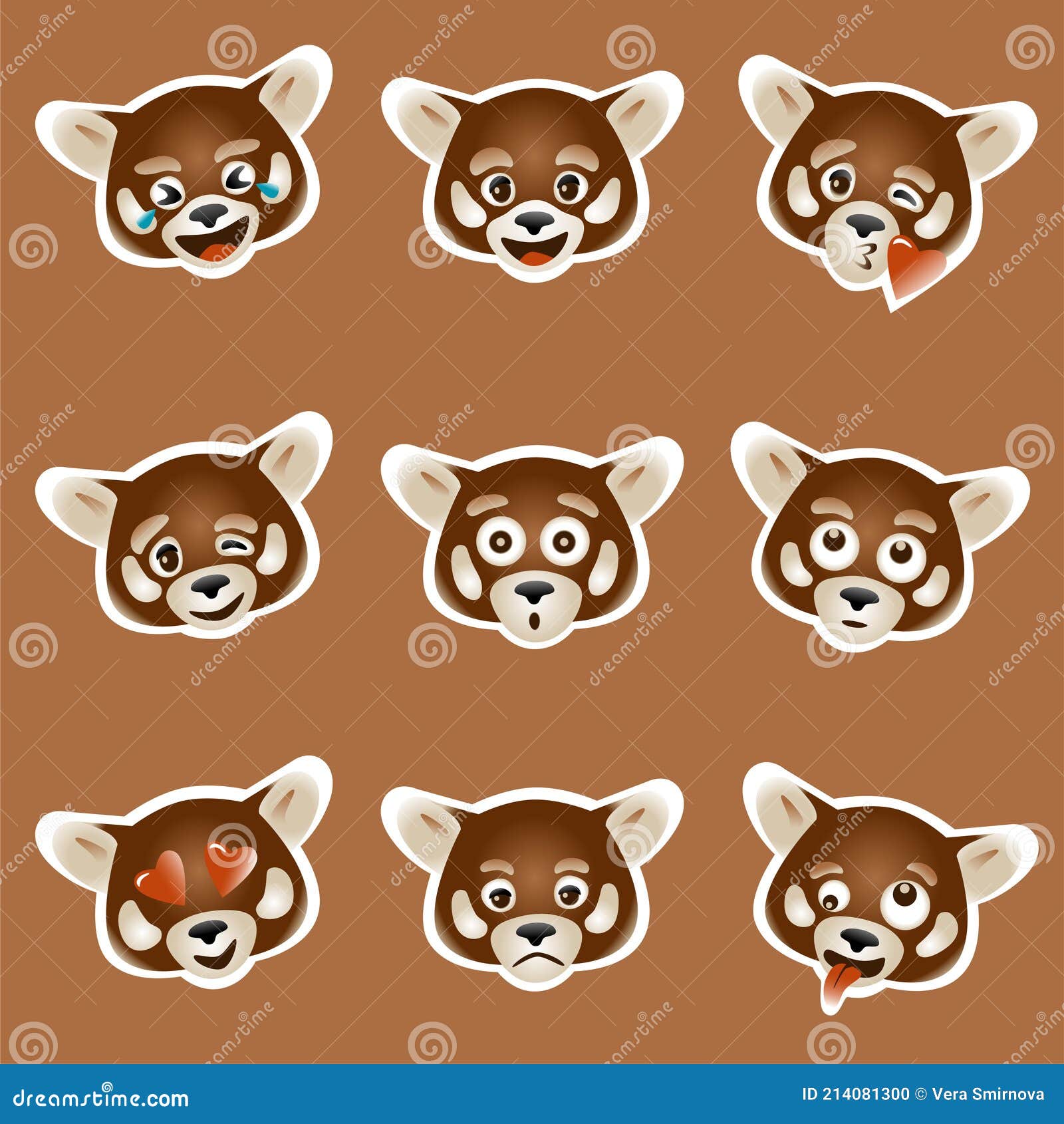 Set of 9 Emoji with Red Panda Face , Colored Stock Vector
