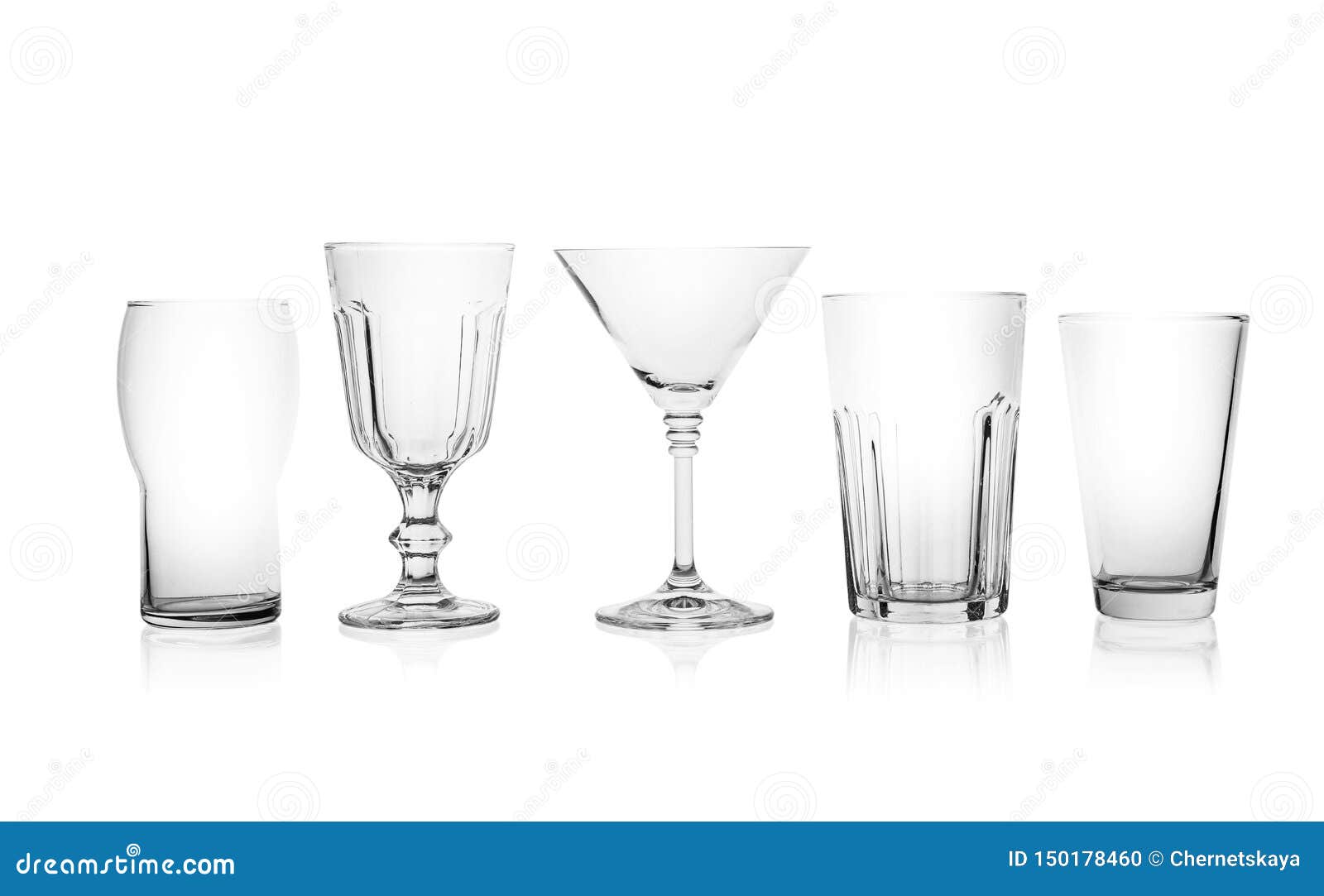 Set of Empty Glasses for Different Drinks on White Stock Photo Image