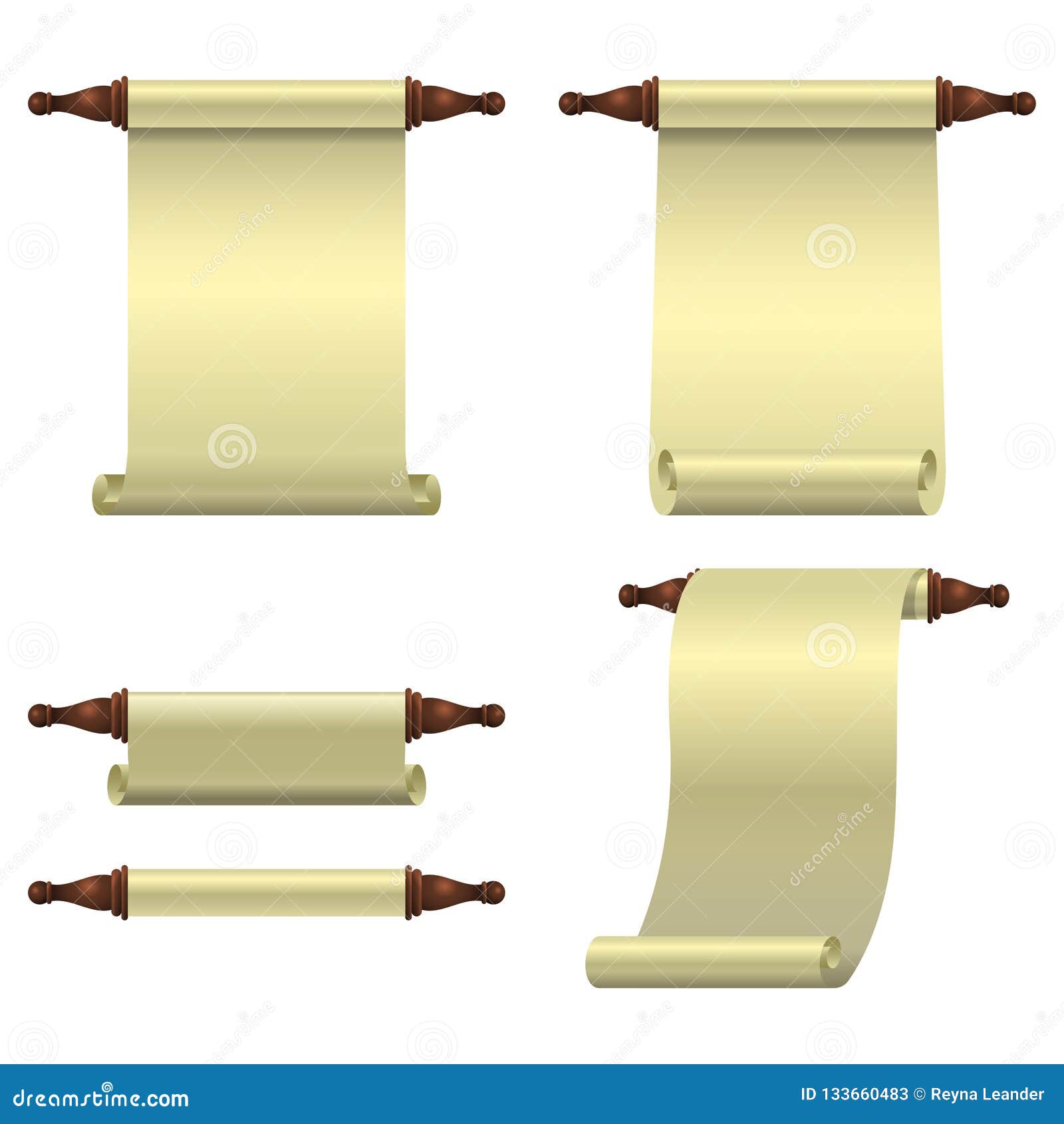 A Set of 3 Empty Scrolls Unfolded Vertically, One Rolled Up Scroll and