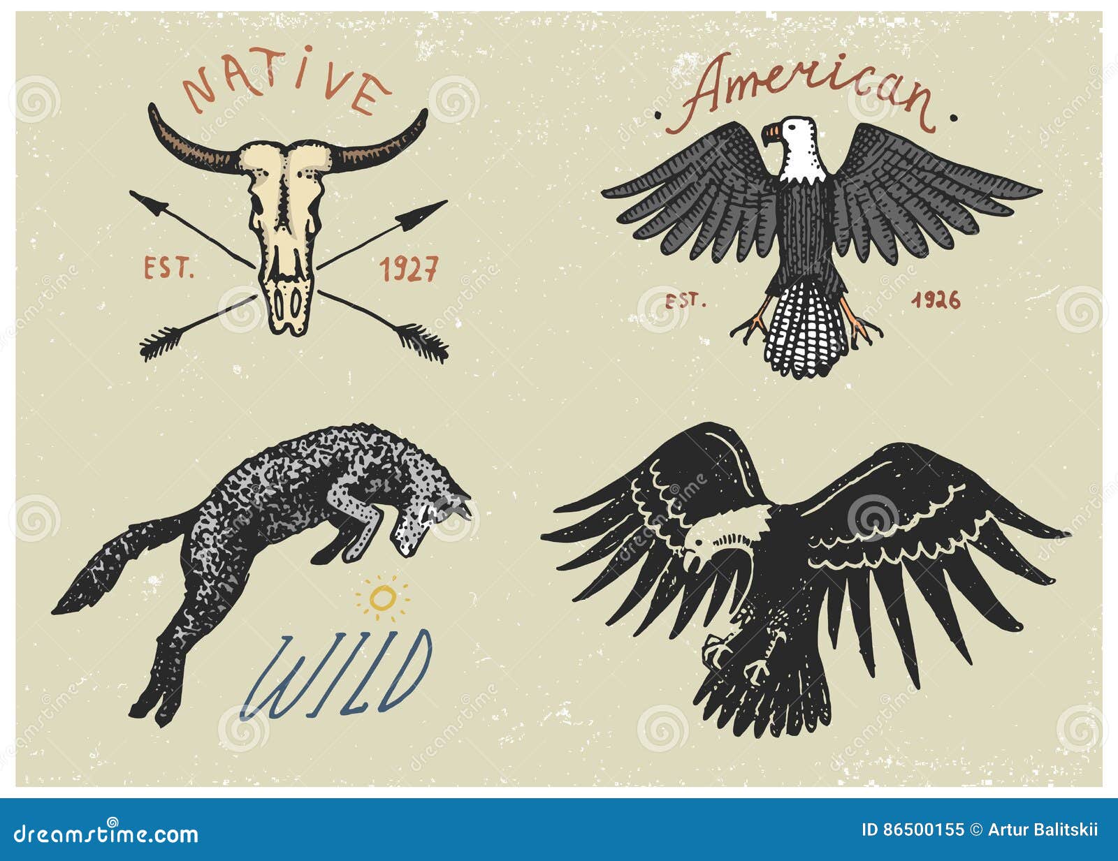 of Engraved Vintage, Hand Old, Labels or Badges for Camping, Hiking, Hunting with Bald Eagle, Wild Wolf and Stock Vector - Illustration of american, graphic: 86500155