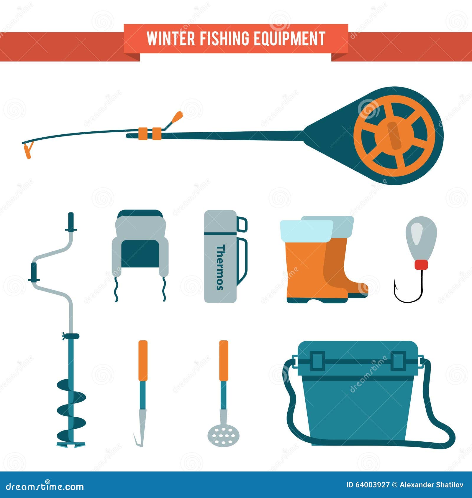 Set Equipment Flat Style for Winter Fishing on Ice Stock Vector