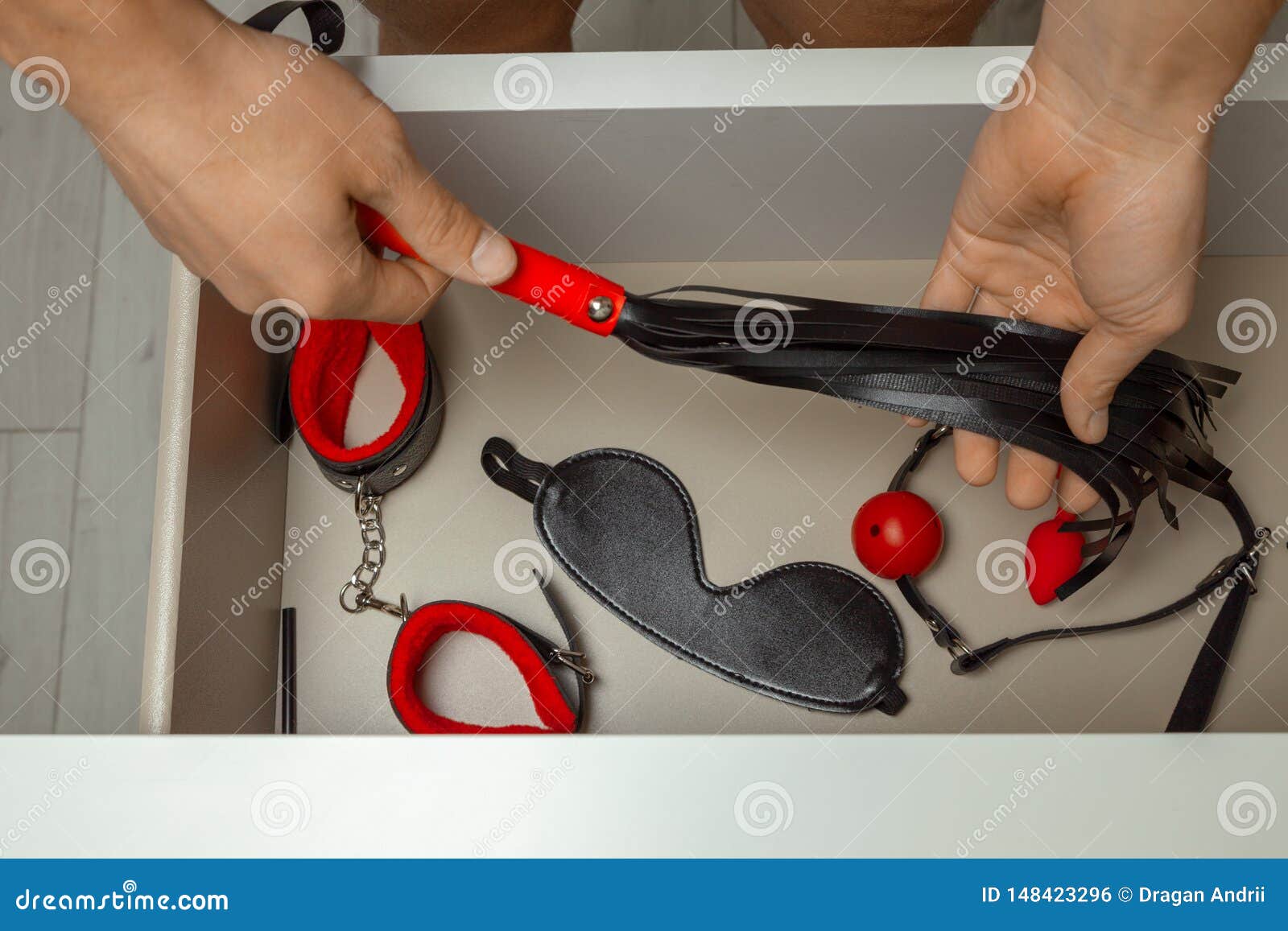 Set Of Erotic Toys For Bdsm The Game Of Sexual Slavery With Handcuffs Whip Gag And Leather